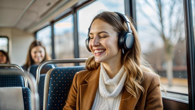 Young woman traveling by bus and listening to music with headphones. Travel concept. photo