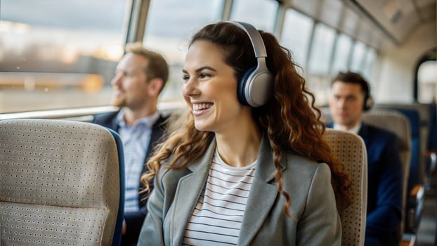 Young businesswoman listening to music in headphones while traveling by train. photo