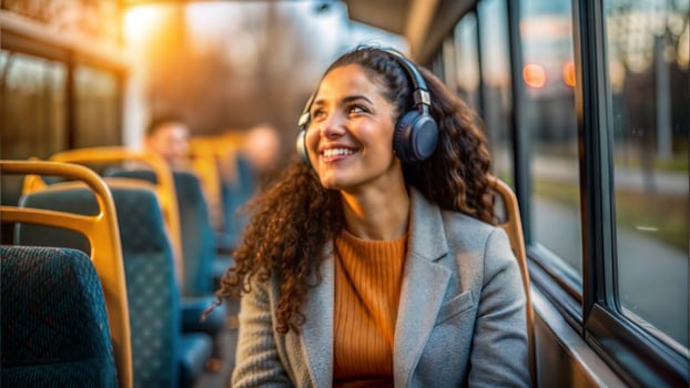 Young woman traveling by bus and listening to music with headphones. She is smiling. photo