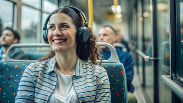 Smiling young woman in headphones riding a bus and listening to music photo
