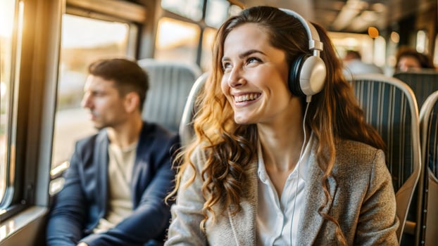 Young beautiful woman listening to music in headphones while traveling by train. photo