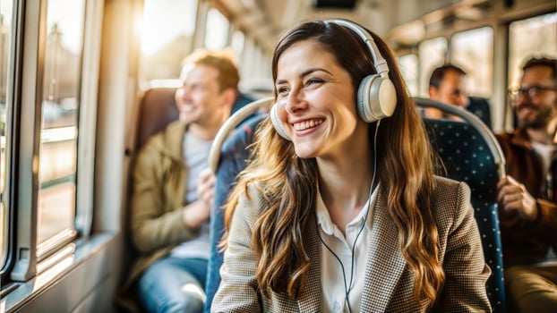 Young woman in headphones listening to music on the train and smiling. photo