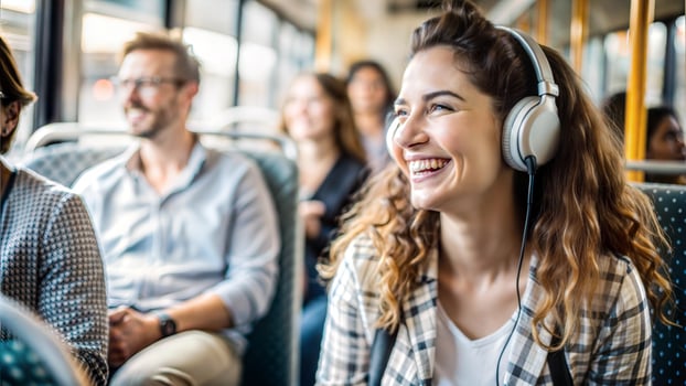 Group of young people traveling by bus and listening to music with headphones photo