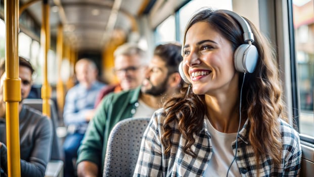Portrait of smiling young woman listening to music in the city bus photo