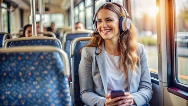 Smiling young woman listening to music in headphones while riding a bus photo
