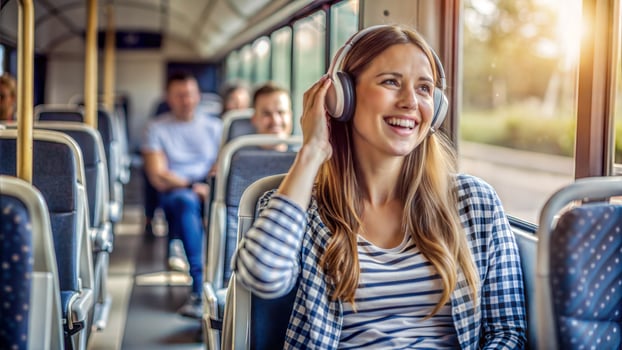 Happy young woman listening to music in a train with her family in the background photo
