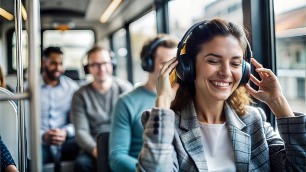 smiling businesswoman in headphones listening to music in bus with colleagues photo