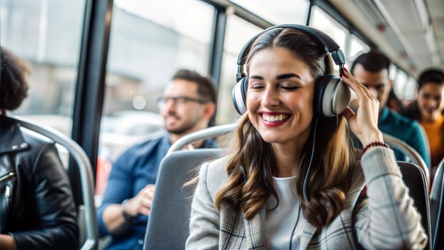 Young woman listening to music with headphones in public transport. Focus on girl photo