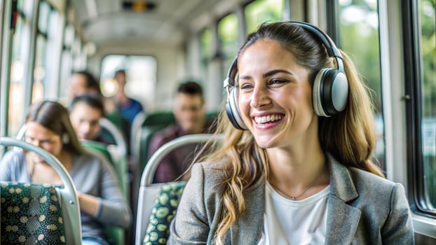Portrait of happy young woman riding a tram and listening to music photo