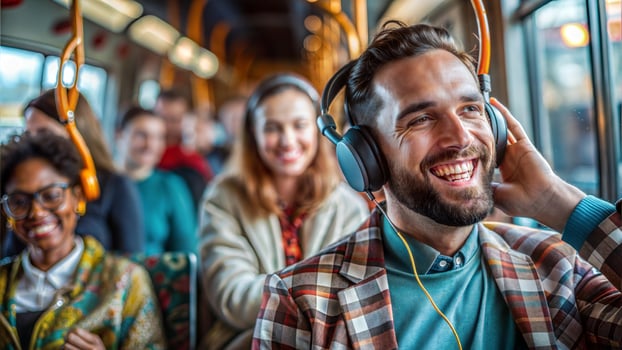 Group of happy people riding a tram and listening to music with headphones photo