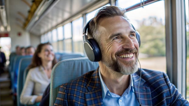 Hipster man listening to music in a train. Cheerful senior man with headphones sitting in a train and smiling. photo