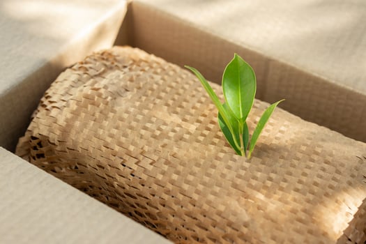 Green leaf on eco friendly brown paper honeycomb wrap for product packaging parcel carton box photo