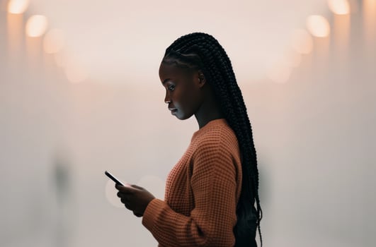 Woman Using Smartphone in Hallway photo