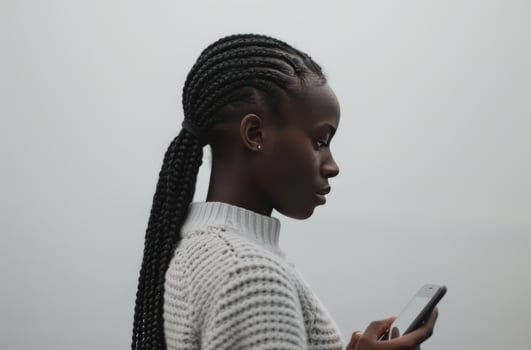 Woman Using Smartphone in Hallway photo