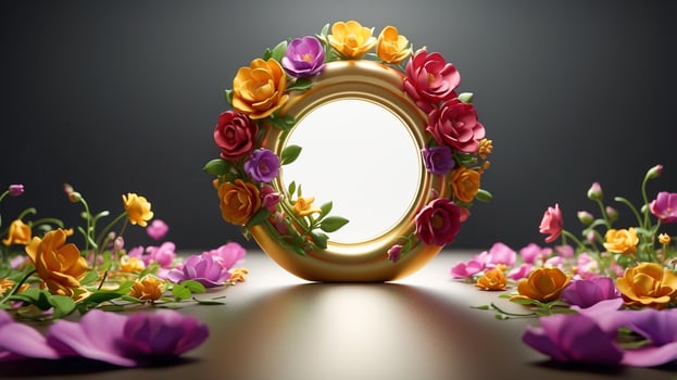 Close-up of a 3D gold ring with colorful floral decoration around it. Romantic background for wedding and engagement concepts. AI-Generated photo