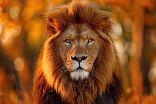 A majestic lion with a regal mane stares into the camera. photo