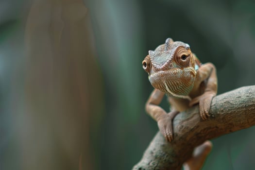 A curious chameleon clings to a branch, looking at the camera. photo