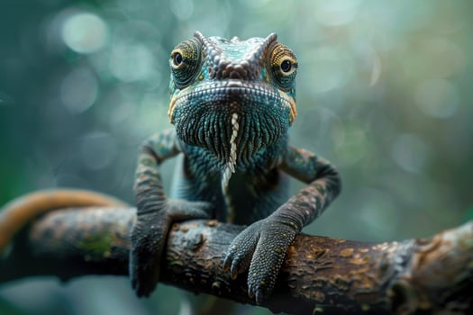 A curious chameleon clings to a branch, looking at the camera. photo