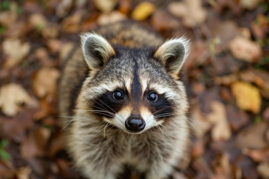 A curious raccoon looks directly into the camera. photo