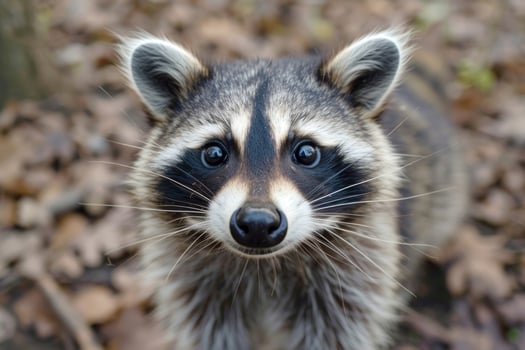 A curious raccoon looks directly into the camera. photo