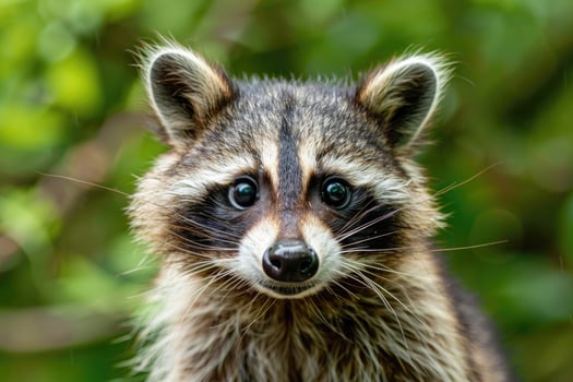 A curious raccoon looks directly into the camera. photo