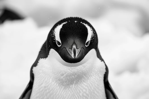 A penguin with a curious expression stares into the camera. photo