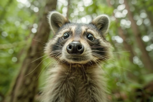 A curious raccoon looks directly into the camera. photo