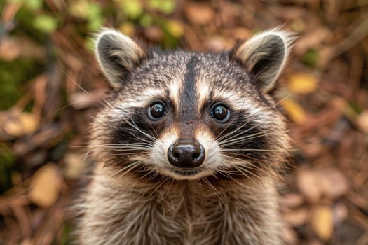A curious raccoon looks directly into the camera. photo