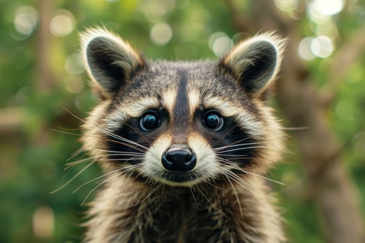 A curious raccoon looks directly into the camera. photo