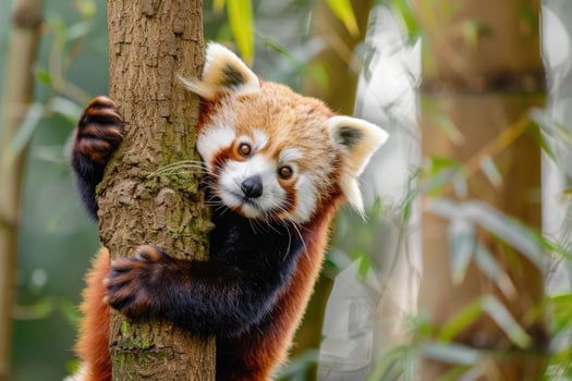 A curious red panda clings to a tree, looking at the camera. photo