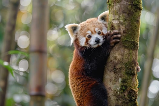 A curious red panda clings to a tree, looking at the camera. photo