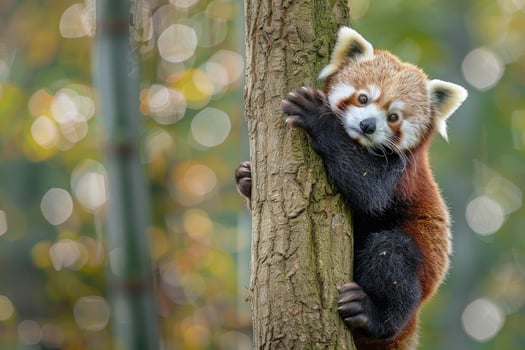 A curious red panda clings to a tree, looking at the camera. photo
