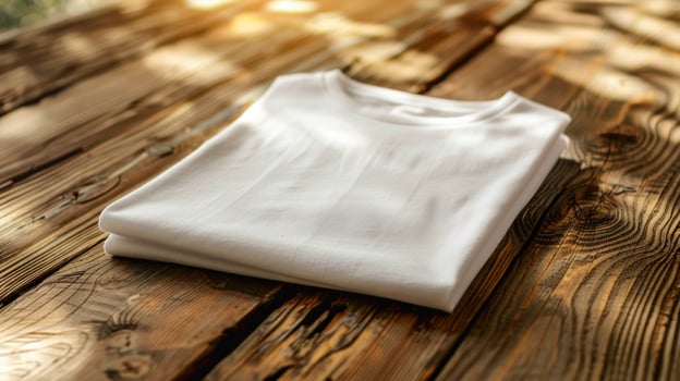 A white shirt is laying on a wooden table photo