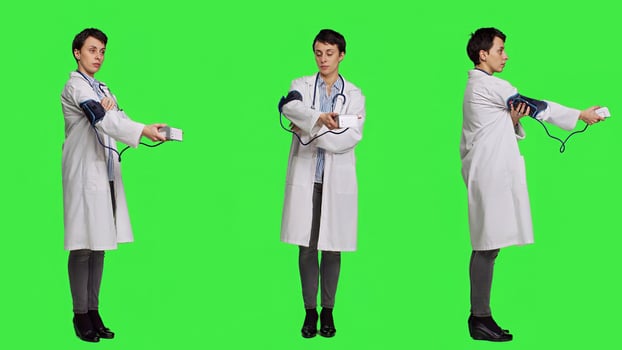 Healthcare specialist using a tonometer to measure high blood pressure and pulse, presenting tool used at checkup examinations. Doctor in white coat stands against greenscreen backdrop. Camera A. photo