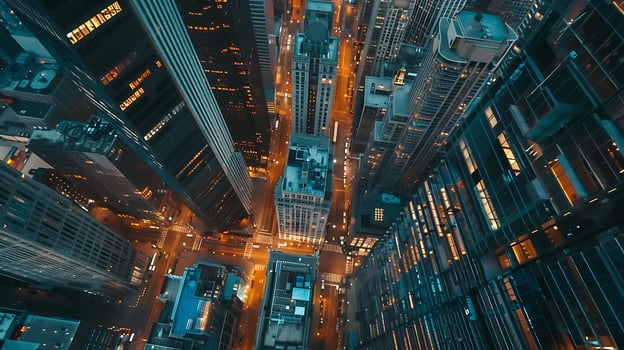 A bird's-eye view of a city at night, showcasing towering skyscrapers illuminated by streetlights and traffic. photo