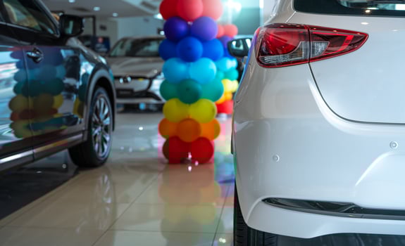 Car parked in luxury showroom. Car dealership office. Car showroom business. New car parked in modern showroom. Auto for sale and rent business. Automobile leasing and insurance. Electric automobile. photo