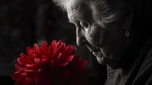 Elderly woman holding red flower in a dimly lit room. Concept of aging, contemplation, solitude, memory photo