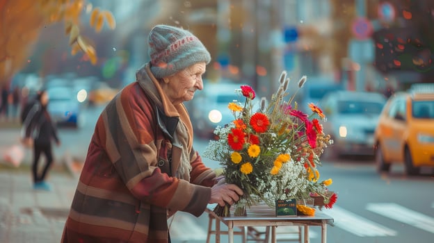 Elderly Caucasian woman selling flowers on a city street. Concept of outdoor market, urban life, small business, senior citizen activity photo