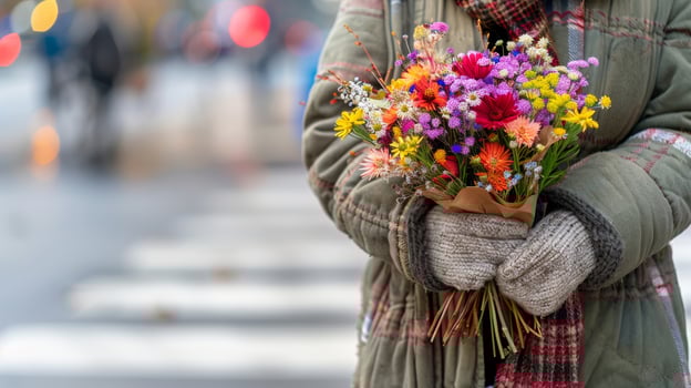 Caucasian woman in winter clothes holding a colorful bouquet of flowers on a city street. Concept of winter fashion, flower gift, urban life, sidewalk crossing photo