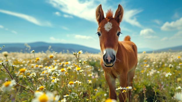 Brown horse in a vibrant field of wildflowers with a mountainous backdrop. Concept of nature, wildlife, rural landscape, tranquility, little pony photo