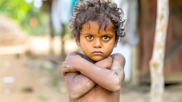 Southeast Asian boy with curly hair and stern expression outdoors. Concept of childhood, rural life, cultural diversity, seriousness photo