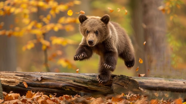Young Brown Bear Cub Leaping Over Log in Autumn Forest. Concept of wildlife, nature, animal behavior, seasonal changes photo