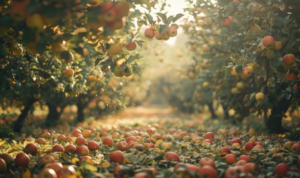 Apple orchard with trees bearing ripe apples photo