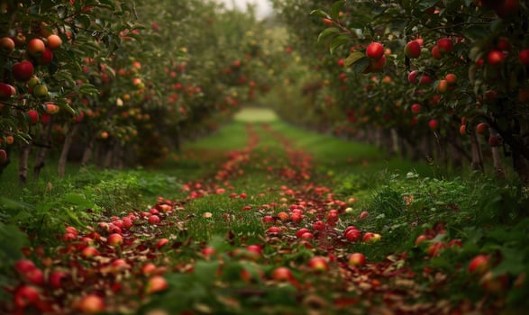 Apple orchard with rows of apple trees fallen apples on the ground photo