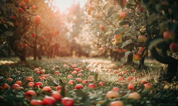 Apple orchard with trees full of autumn apples fallen apples on the ground photo