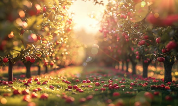 Apple orchard with trees full of ripe apples photo