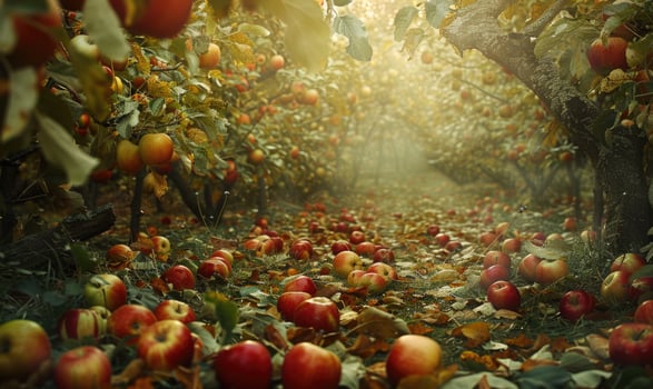 Apple orchard with trees full of ripe apples photo