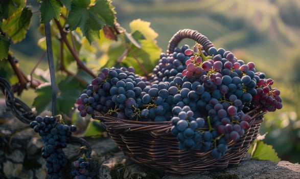 Grapes in a decorative basket with a countryside backdrop photo