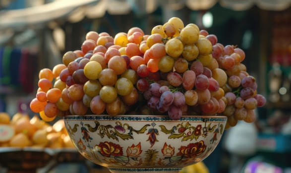 Grapes in a decorative basket with a rural backdrop photo