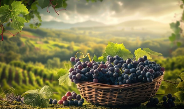Grapes in a vintage basket with a scenic rural backdrop photo